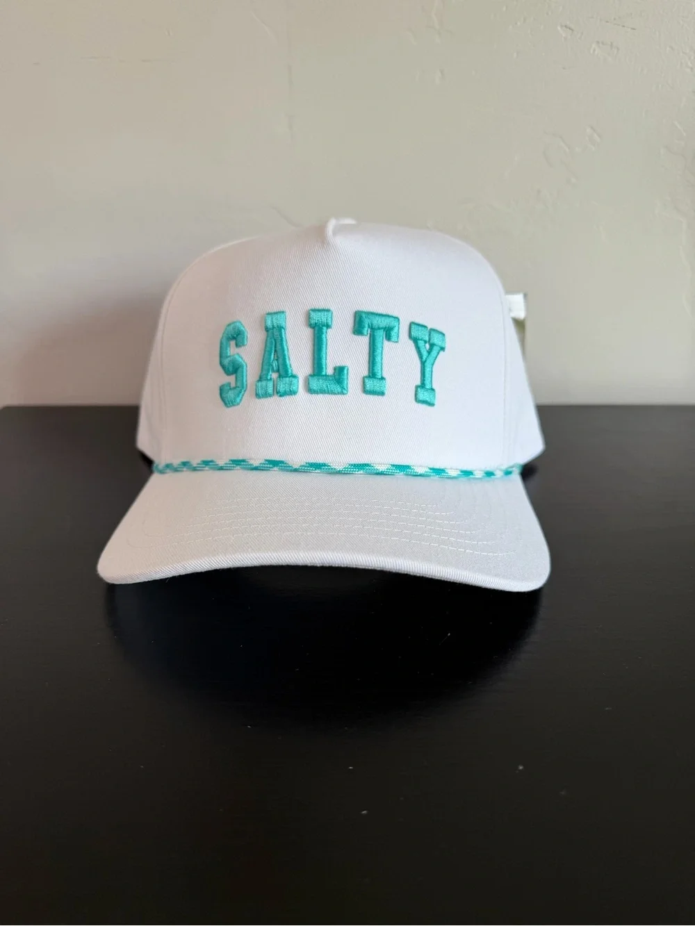 White 'SALTY' Embroidered Rope Trucker Hat - Teal Accent